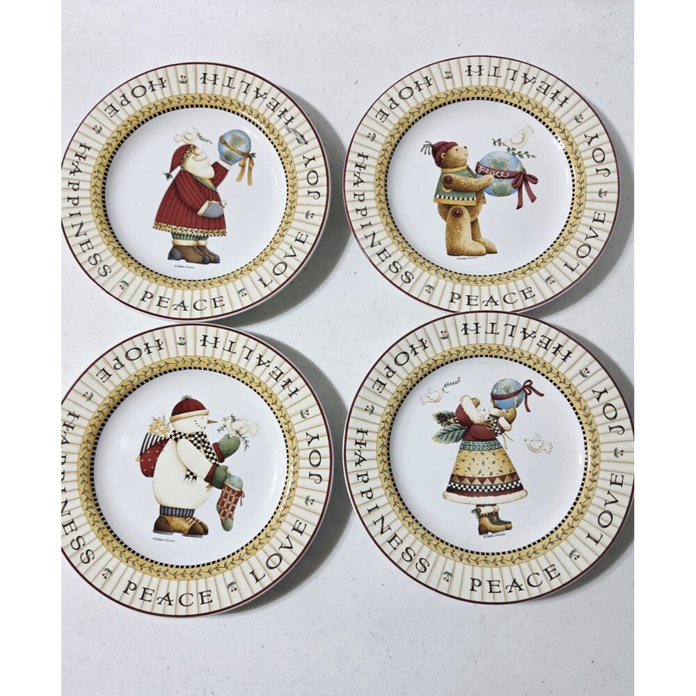 Joy To The World Sakura Debbie Mumm 4 Christmas Dessert Salad Plates 8"